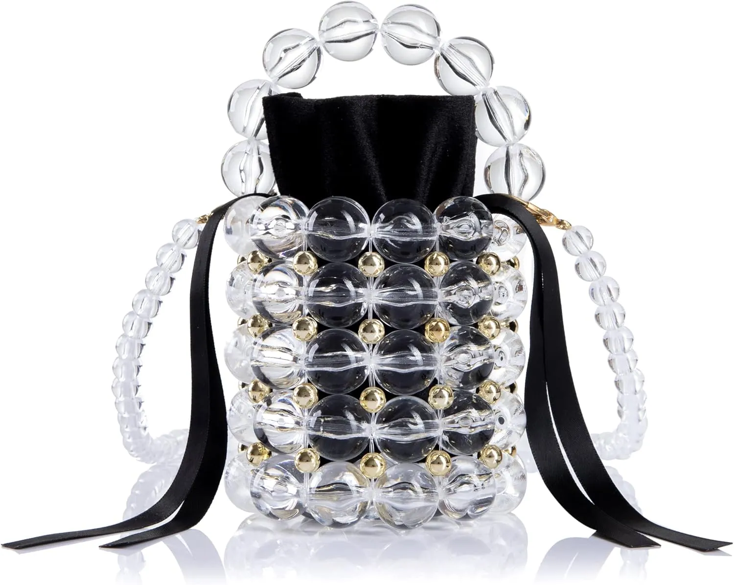 Women Beaded Evening Bucket Bag Small Lipstick Handbag Velvet Lining with Detachable Chain for Wedding Party