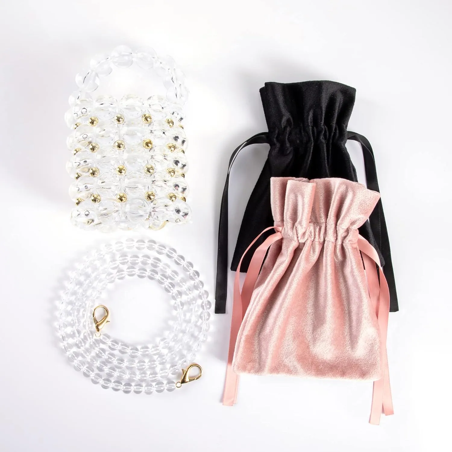 Women Beaded Evening Bucket Bag Small Lipstick Handbag Velvet Lining with Detachable Chain for Wedding Party