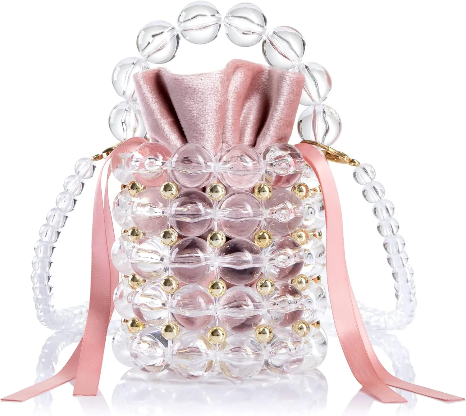 Women Beaded Evening Bucket Bag Small Lipstick Handbag Velvet Lining with Detachable Chain for Wedding Party