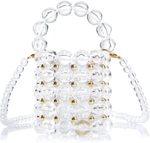 Women Beaded Evening Bucket Bag Small Lipstick Handbag Velvet Lining with Detachable Chain for Wedding Party