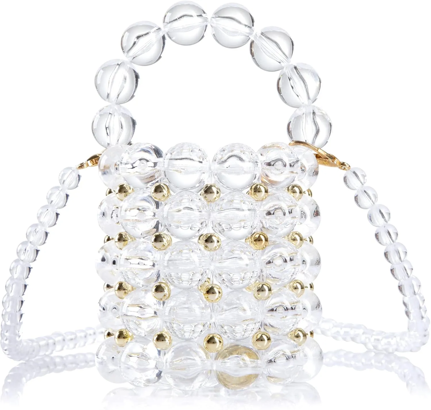 Women Beaded Evening Bucket Bag Small Lipstick Handbag Velvet Lining with Detachable Chain for Wedding Party