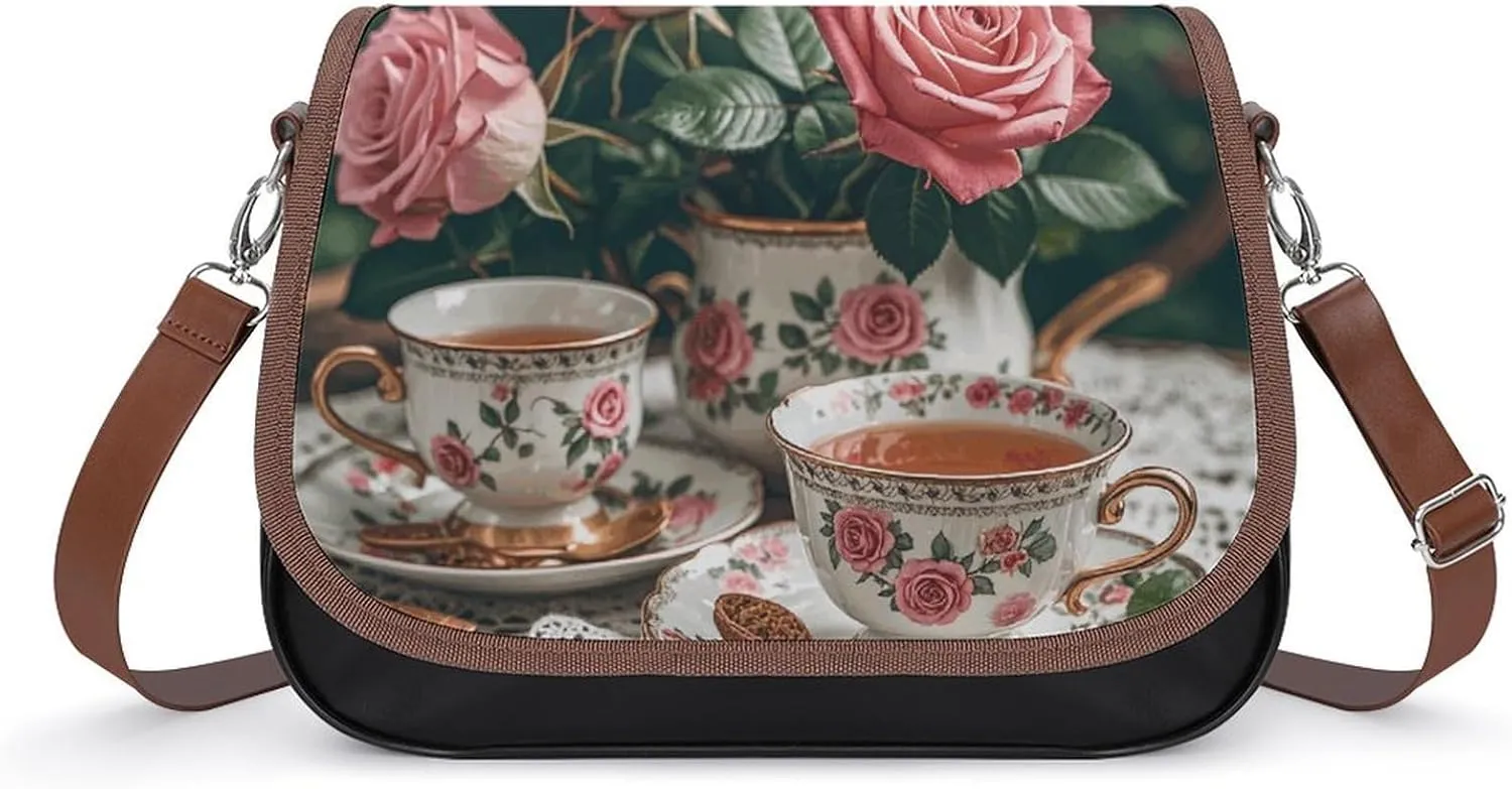 Women Crossbody Bags Tea Cups With Roses Romantic Leather Shoulder Bag With Adjustable Strap Fashion Shoulder Cross Body Purse Multiple Commuter Bag