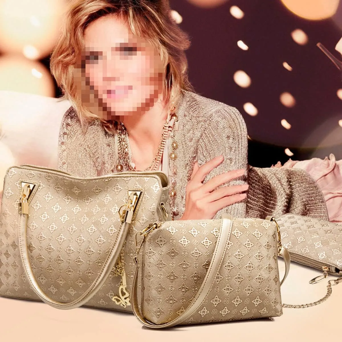 Women Fashion Synthetic Leather Handbags Tote Bag Shoulder Bag Top Handle Satchel Purse with Pendant Set 4pcs Gold