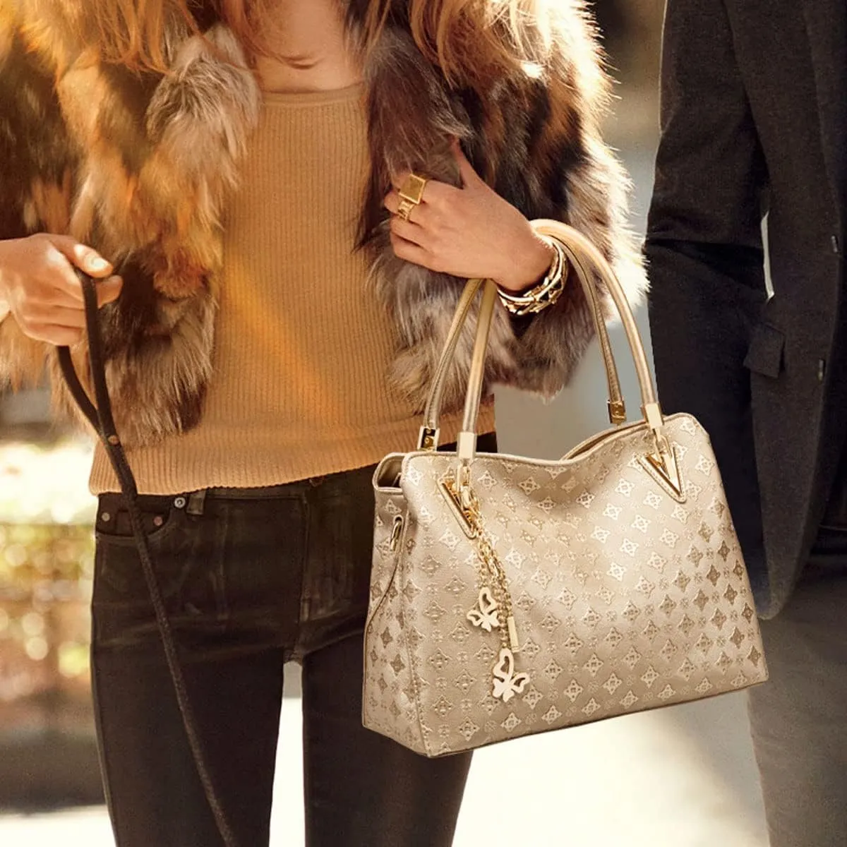 Women Fashion Synthetic Leather Handbags Tote Bag Shoulder Bag Top Handle Satchel Purse with Pendant Set 4pcs Gold