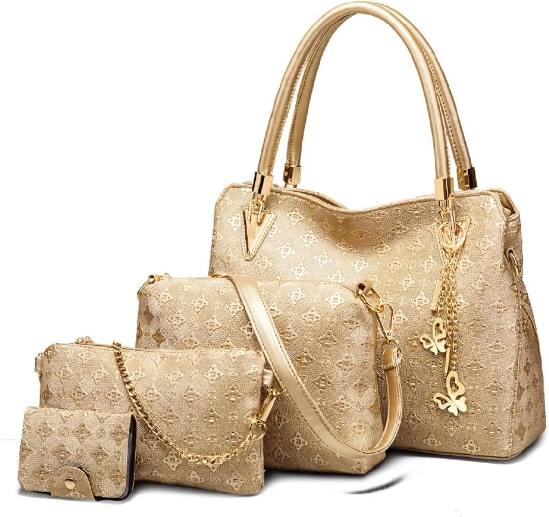 Women Fashion Synthetic Leather Handbags Tote Bag Shoulder Bag Top Handle Satchel Purse with Pendant Set 4pcs Gold