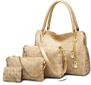 Women Fashion Synthetic Leather Handbags Tote Bag Shoulder Bag Top Handle Satchel Purse with Pendant Set 4pcs Gold