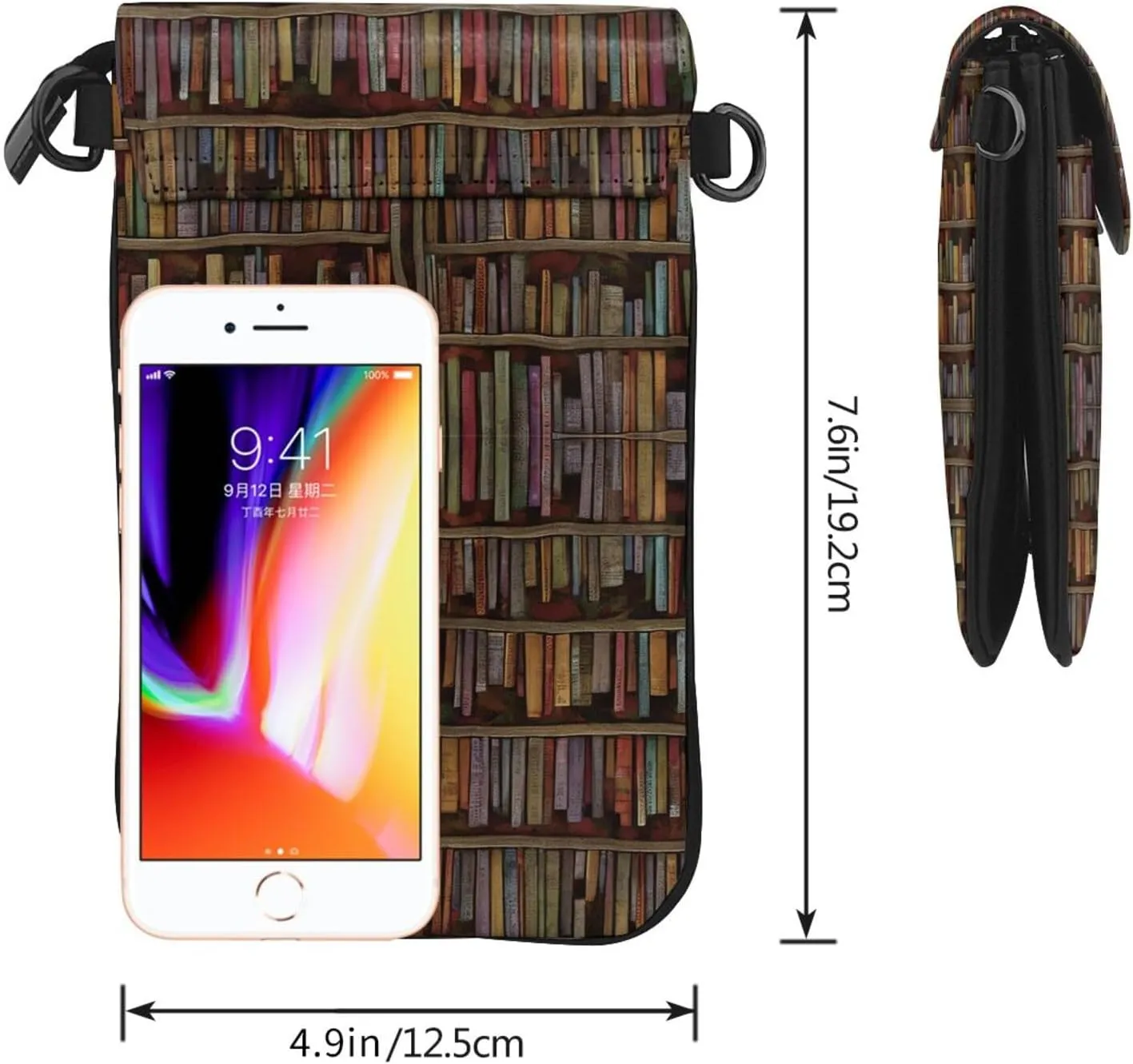 Women Ladies Girls Roomy Pockets Cell Phone Crossbody Bag Vintage Library Bookshelf Bookcase Art Crossbody Bag Credit Card Cosmetic Bag, Waterproof, Excersise Holiday Bag