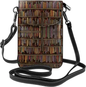 Women Ladies Girls Roomy Pockets Cell Phone Crossbody Bag Vintage Library Bookshelf Bookcase Art Crossbody Bag Credit Card Cosmetic Bag, Waterproof, Excersise Holiday Bag