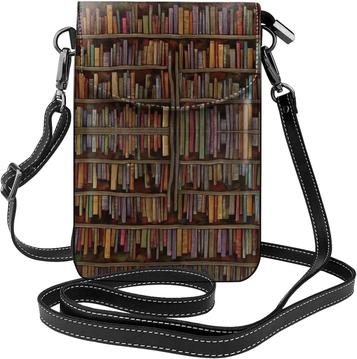 Women Ladies Girls Roomy Pockets Cell Phone Crossbody Bag Vintage Library Bookshelf Bookcase Art Crossbody Bag Credit Card Cosmetic Bag, Waterproof, Excersise Holiday Bag