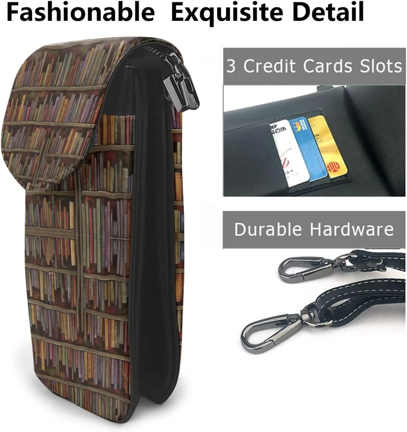Women Ladies Girls Roomy Pockets Cell Phone Crossbody Bag Vintage Library Bookshelf Bookcase Art Crossbody Bag Credit Card Cosmetic Bag, Waterproof, Excersise Holiday Bag