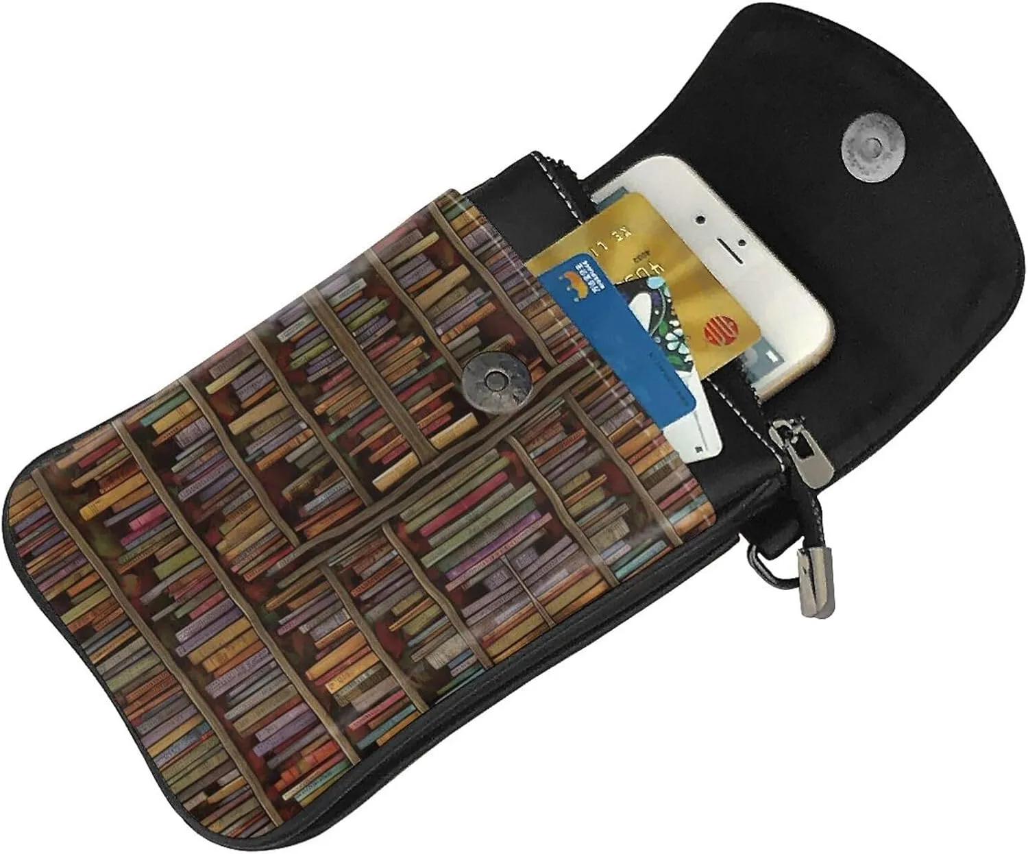 Women Ladies Girls Roomy Pockets Cell Phone Crossbody Bag Vintage Library Bookshelf Bookcase Art Crossbody Bag Credit Card Cosmetic Bag, Waterproof, Excersise Holiday Bag