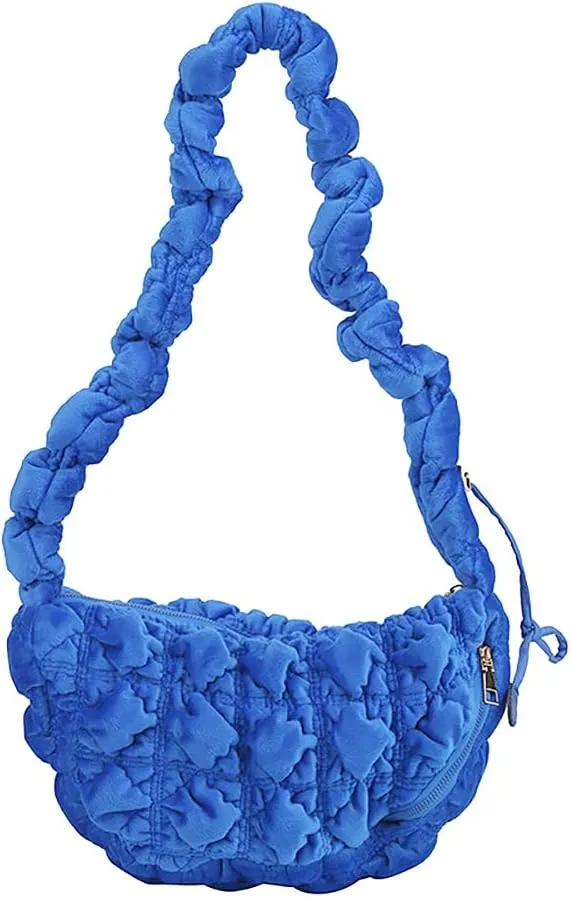 Women Lattice Quilted Shoulder Handbag Lightweight Puffy Tote Bag Velvet Pleated Underarm Purse Crossbody Bag