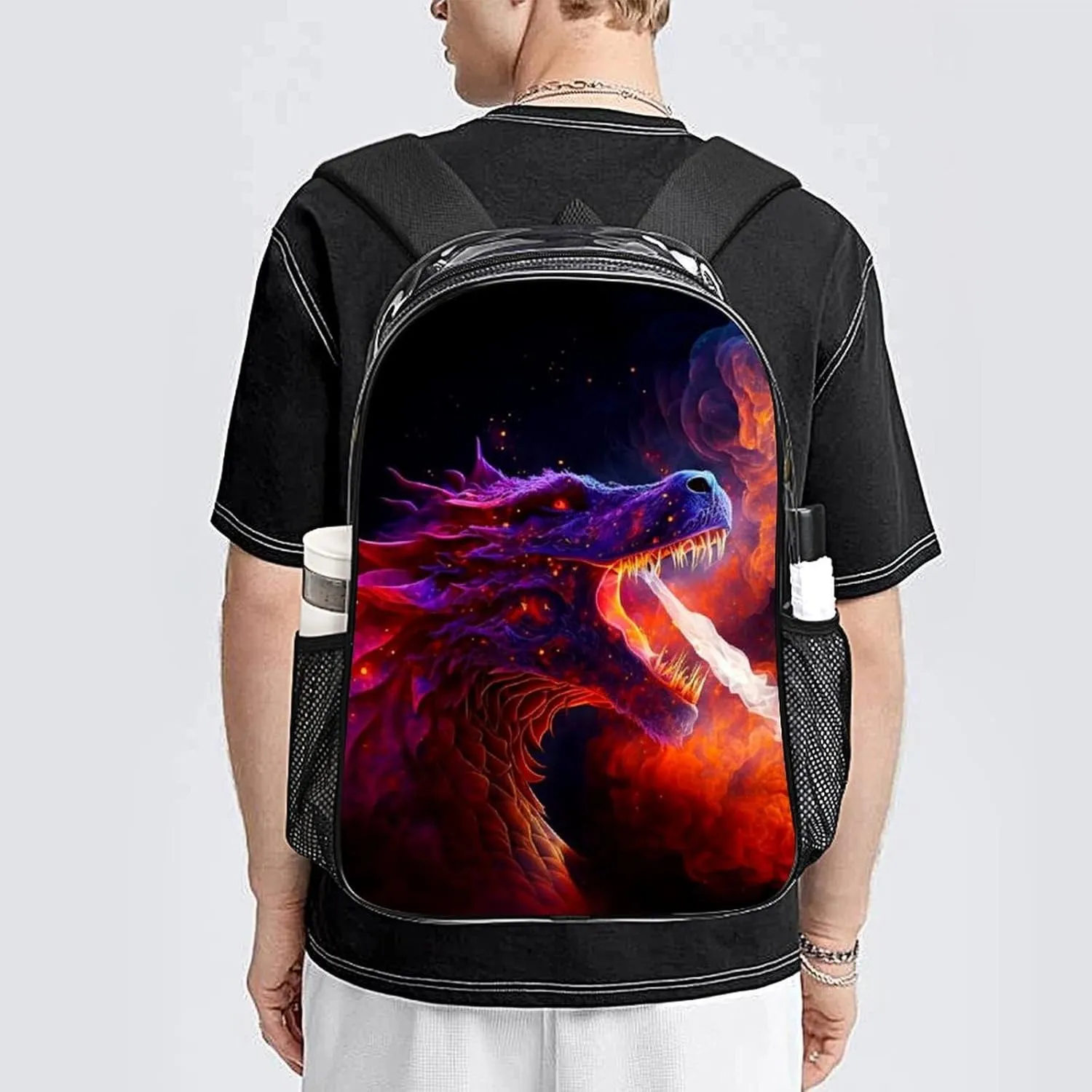 Women Men Transparent The Fire Breathing Fury Dragon Art Casual Daypack Large Capacity Bookbag With Side Pockets for Sports Picnic Walking Cycling