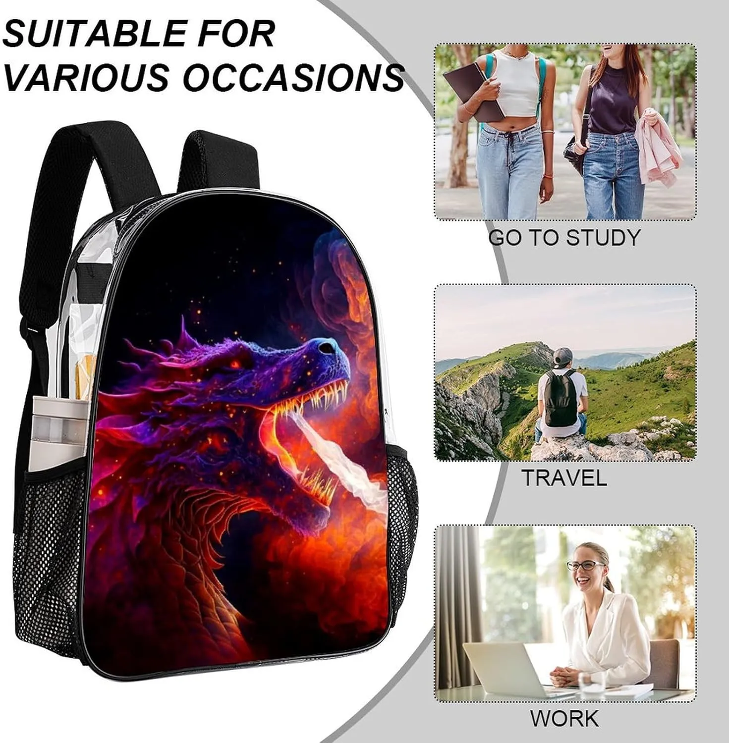 Women Men Transparent The Fire Breathing Fury Dragon Art Casual Daypack Large Capacity Bookbag With Side Pockets for Sports Picnic Walking Cycling