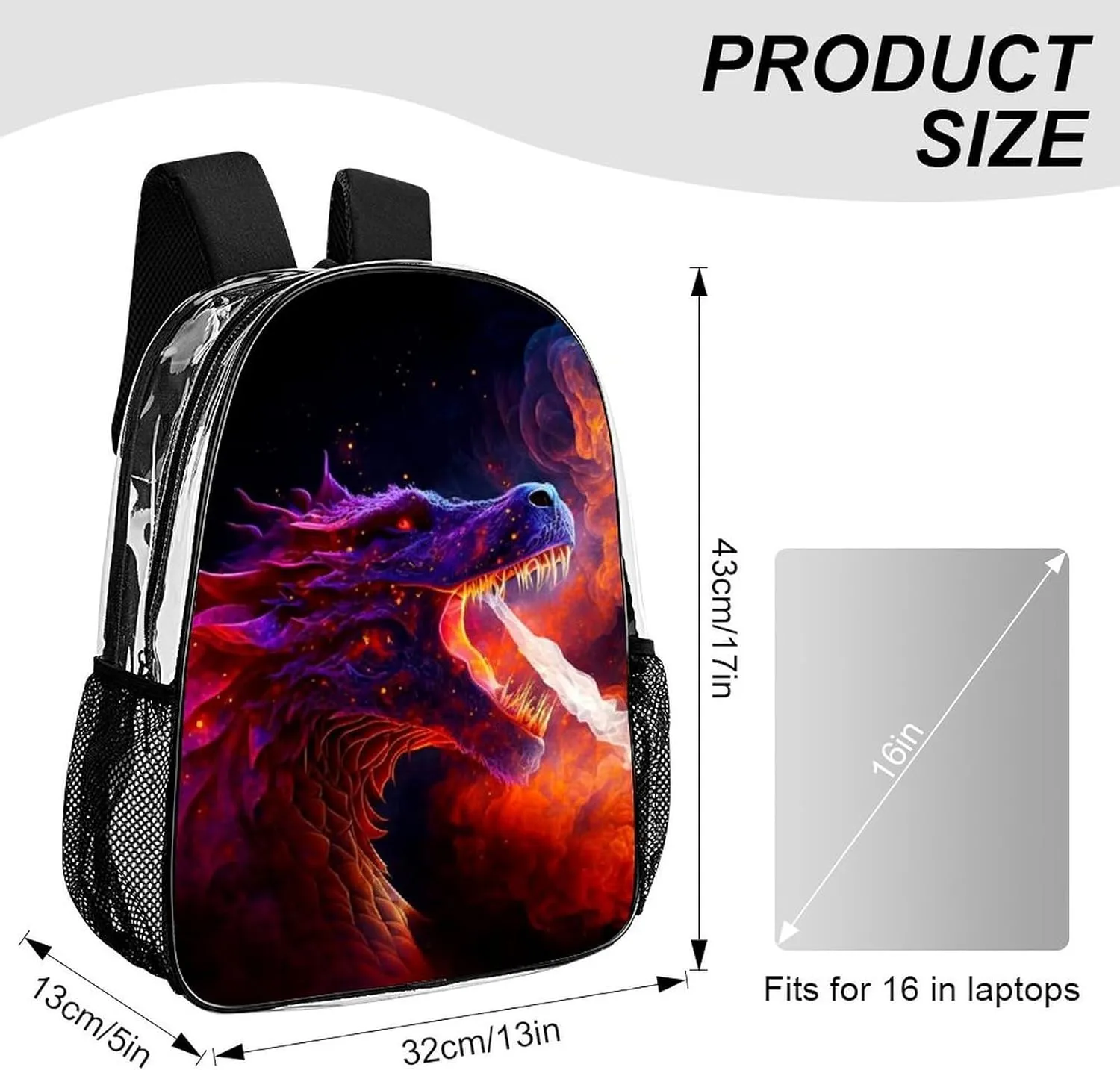 Women Men Transparent The Fire Breathing Fury Dragon Art Casual Daypack Large Capacity Bookbag With Side Pockets for Sports Picnic Walking Cycling