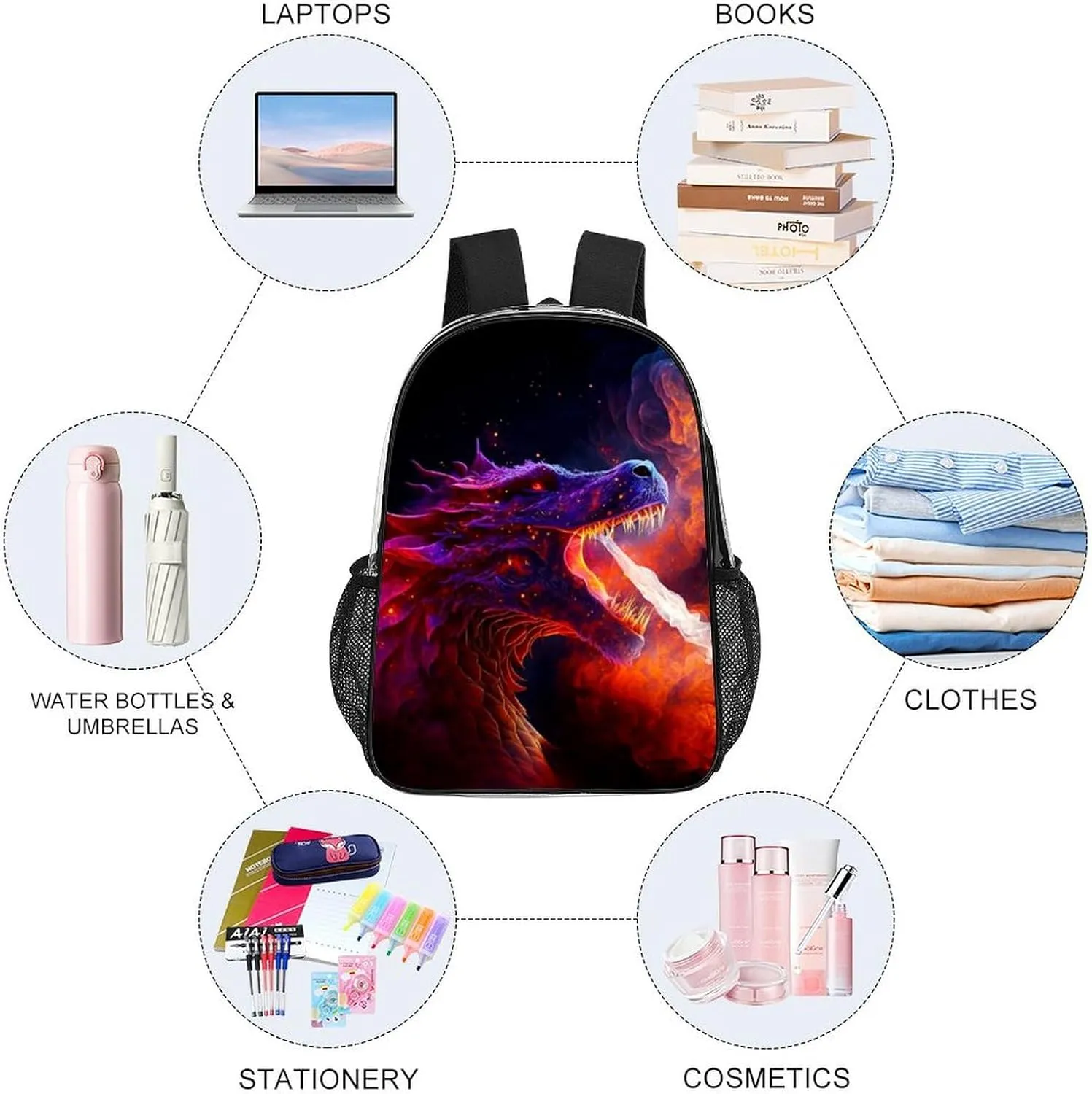 Women Men Transparent The Fire Breathing Fury Dragon Art Casual Daypack Large Capacity Bookbag With Side Pockets for Sports Picnic Walking Cycling