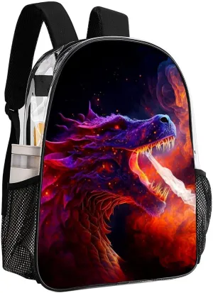 Women Men Transparent The Fire Breathing Fury Dragon Art Casual Daypack Large Capacity Bookbag With Side Pockets for Sports Picnic Walking Cycling