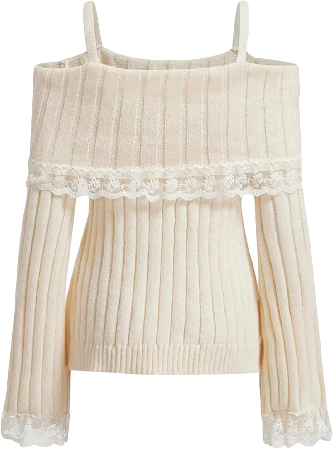 Women Off Shoulder Top Y2K Long Sleeve Lace Trim Knit Shirt Fashion Cute Solid Pullover Sweater