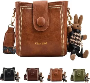 Women Retro Bucket Bag with Pendant Fashion PU Leather Crossbody Bag with Adjustable Wider Shoulder Strap Shoulder Purses
