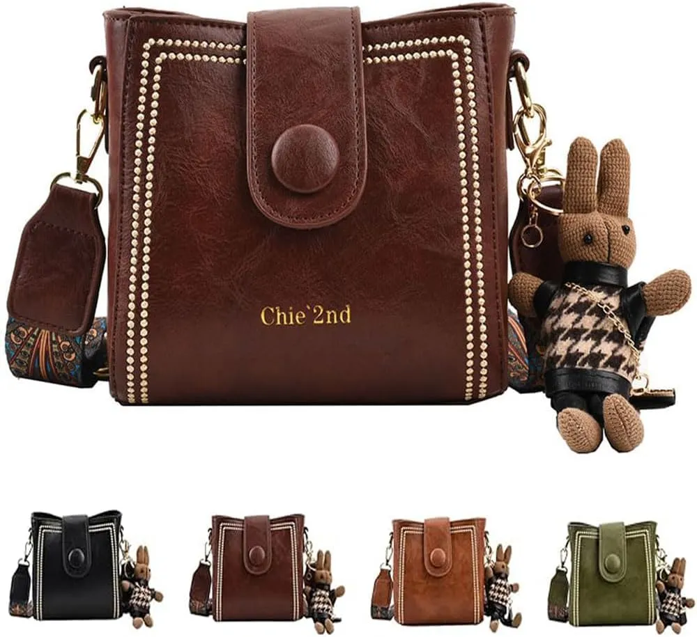 Women Retro Bucket Bag with Pendant Fashion PU Leather Crossbody Bag with Adjustable Wider Shoulder Strap Shoulder Purses