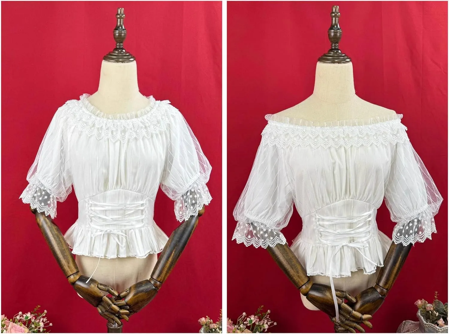 Women Short Sleeve Chiffon Blouse Lolita Ruffle Lace Victorian Renaissance Shirt Summer Kawaii Dressy Crop Tops