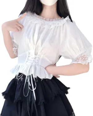 Women Short Sleeve Chiffon Blouse Lolita Ruffle Lace Victorian Renaissance Shirt Summer Kawaii Dressy Crop Tops