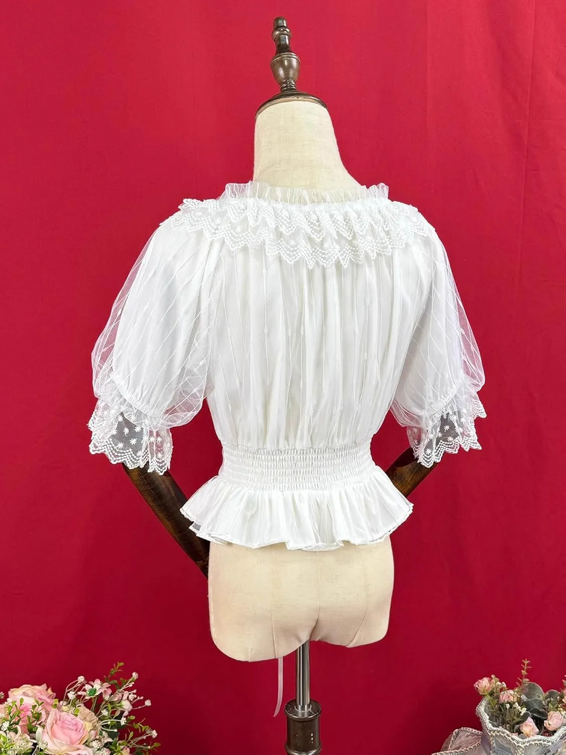 Women Short Sleeve Chiffon Blouse Lolita Ruffle Lace Victorian Renaissance Shirt Summer Kawaii Dressy Crop Tops