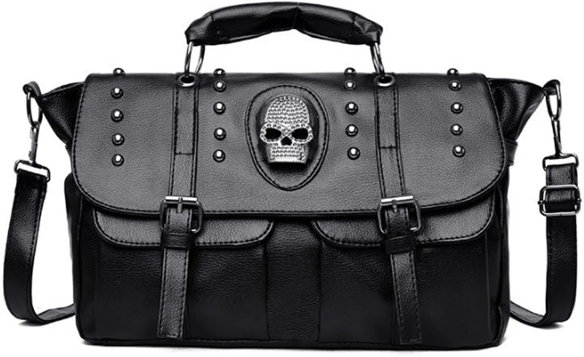 Women Skull Flip Handbag Large Capacity Gothic Shoulder Bag Studded Doctor Rivet Tote Punk Satchel, One Color, One Size
