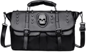 Women Skull Flip Handbag Large Capacity Gothic Shoulder Bag Studded Doctor Rivet Tote Punk Satchel, One Color, One Size