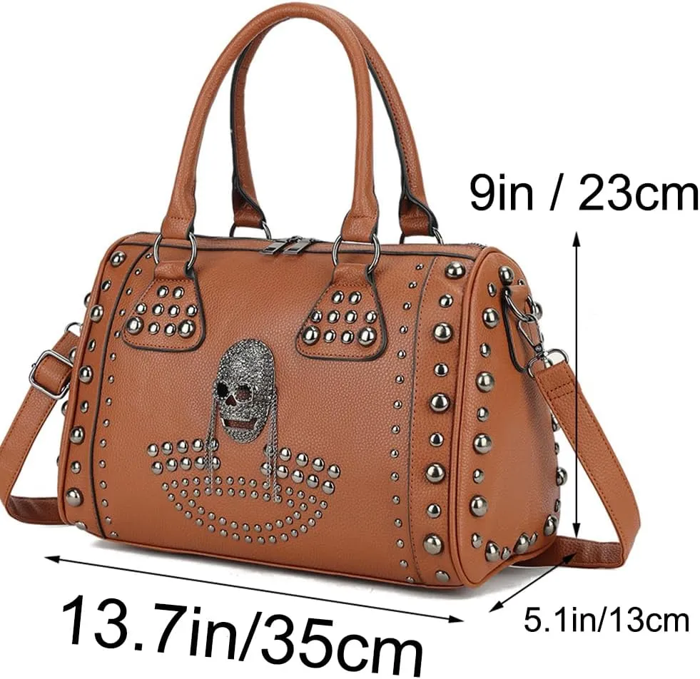 Women Skull Handbag Gothic Rivet Tote Satchel Shoulder Crossbody Bag