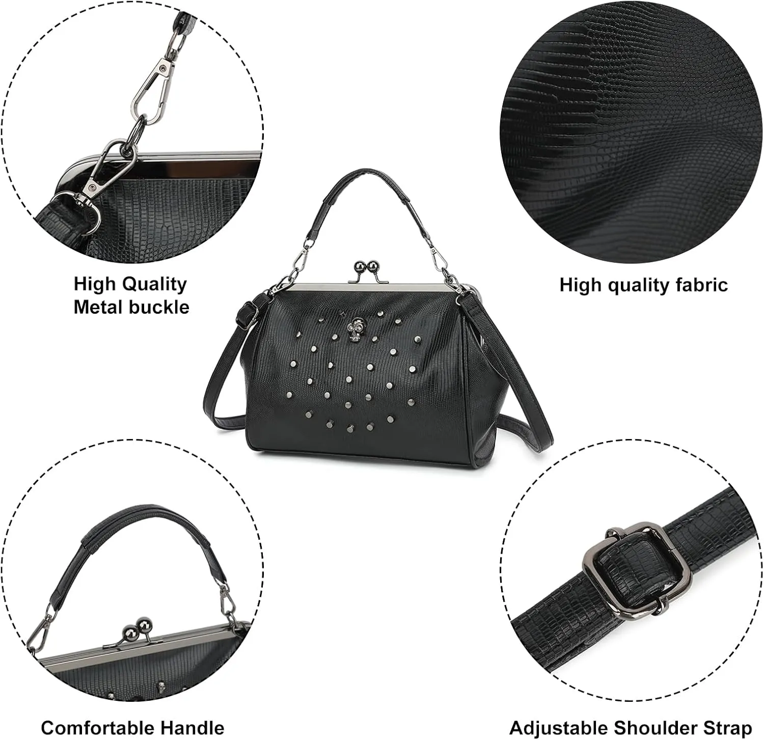 Women Vintage Hollow Handbag Oil Leather Kiss Lock Rivet Skull Shoulder Crossbody Bag Evening Clutch Satchel Purse