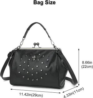 Women Vintage Hollow Handbag Oil Leather Kiss Lock Rivet Skull Shoulder Crossbody Bag Evening Clutch Satchel Purse