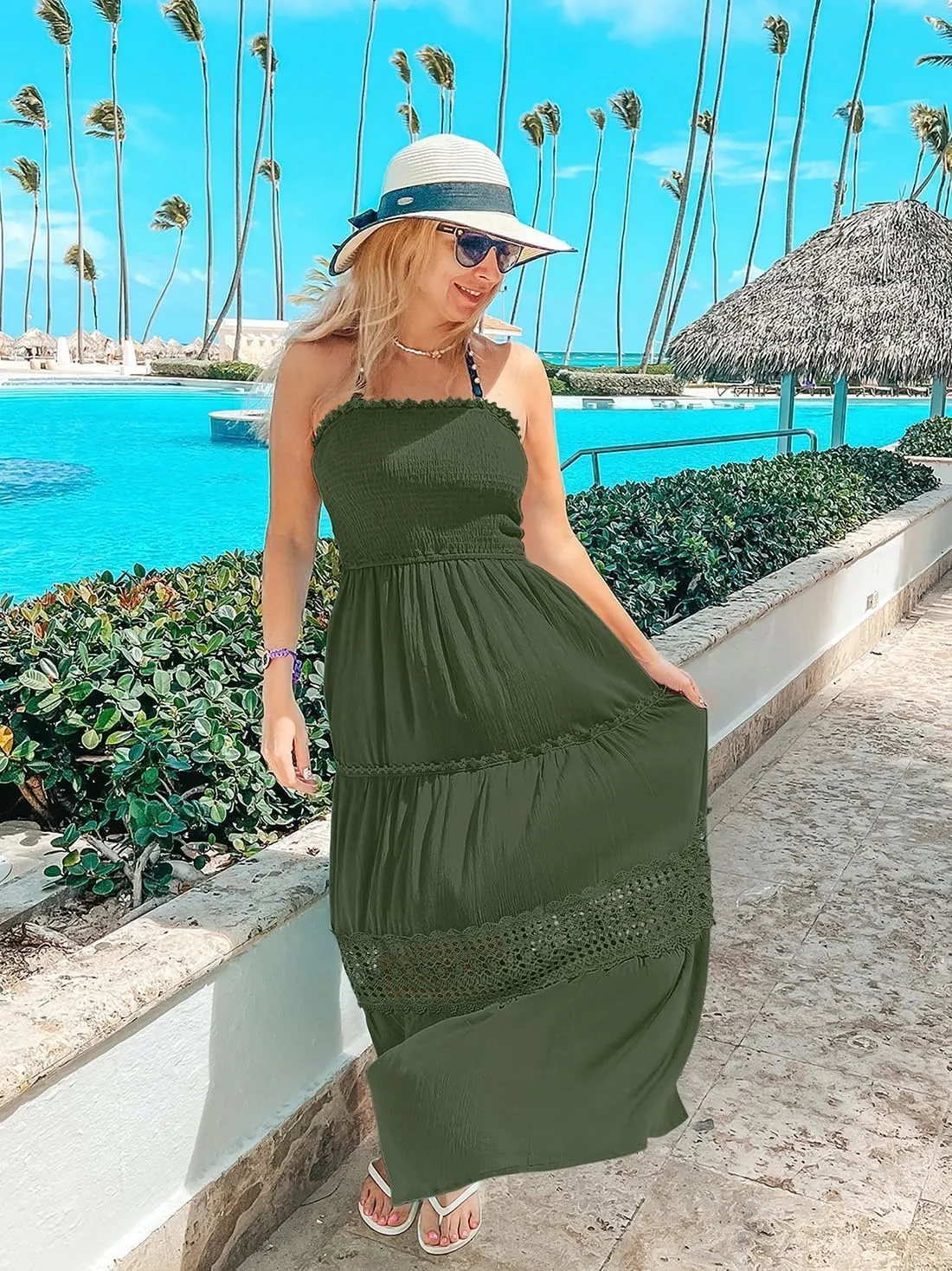 Women's 2025 Summer Bohemian Strapless Off Shoulder Lace Trim Backless Flowy A Line Beach Long Maxi Dress