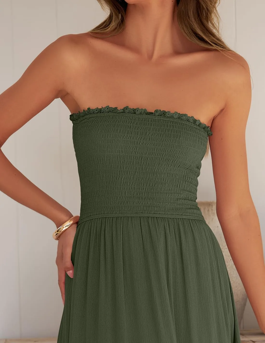 Women's 2025 Summer Bohemian Strapless Off Shoulder Lace Trim Backless Flowy A Line Beach Long Maxi Dress