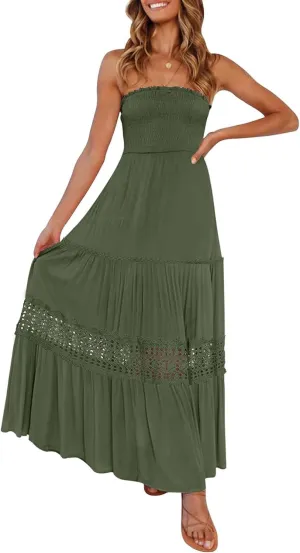 Women's 2025 Summer Bohemian Strapless Off Shoulder Lace Trim Backless Flowy A Line Beach Long Maxi Dress