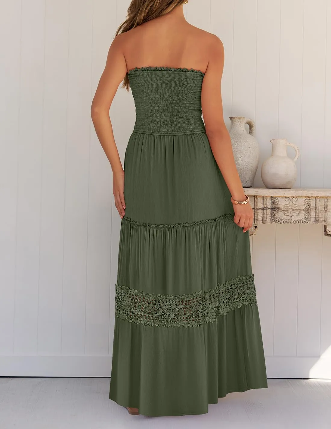 Women's 2025 Summer Bohemian Strapless Off Shoulder Lace Trim Backless Flowy A Line Beach Long Maxi Dress