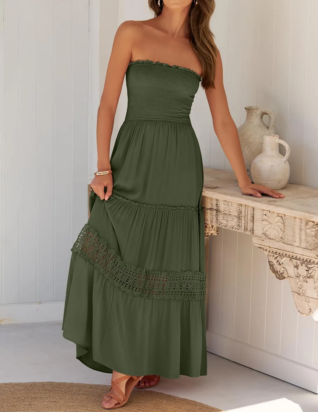 Women's 2025 Summer Bohemian Strapless Off Shoulder Lace Trim Backless Flowy A Line Beach Long Maxi Dress