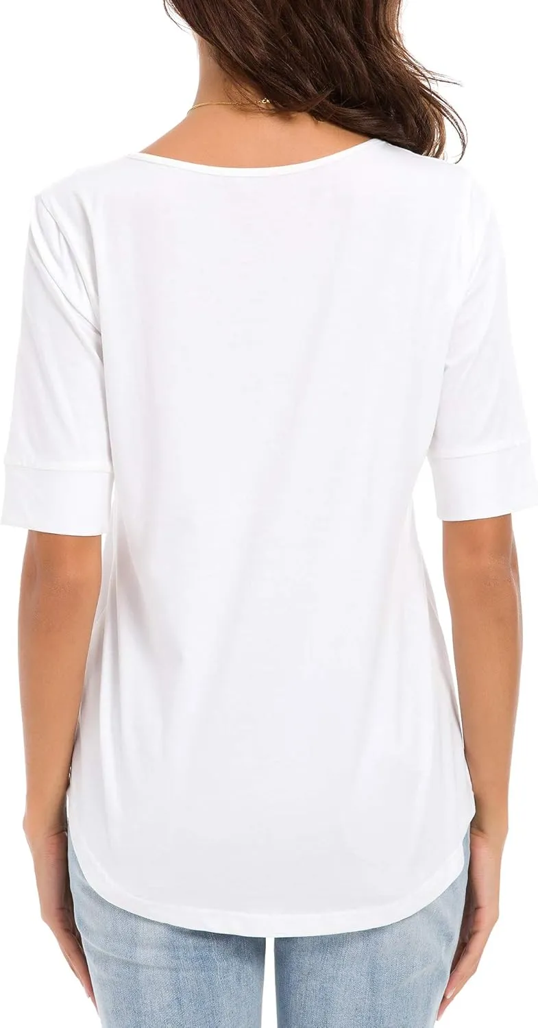 Women's Casual T Shirts Cotton Mid Sleeve Summer Basic Tunics Tee Tops Fashion