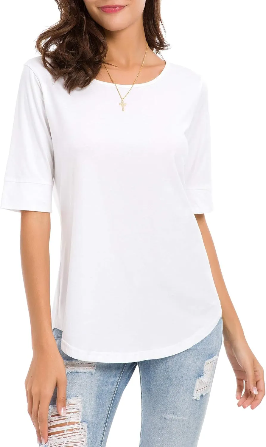 Women's Casual T Shirts Cotton Mid Sleeve Summer Basic Tunics Tee Tops Fashion