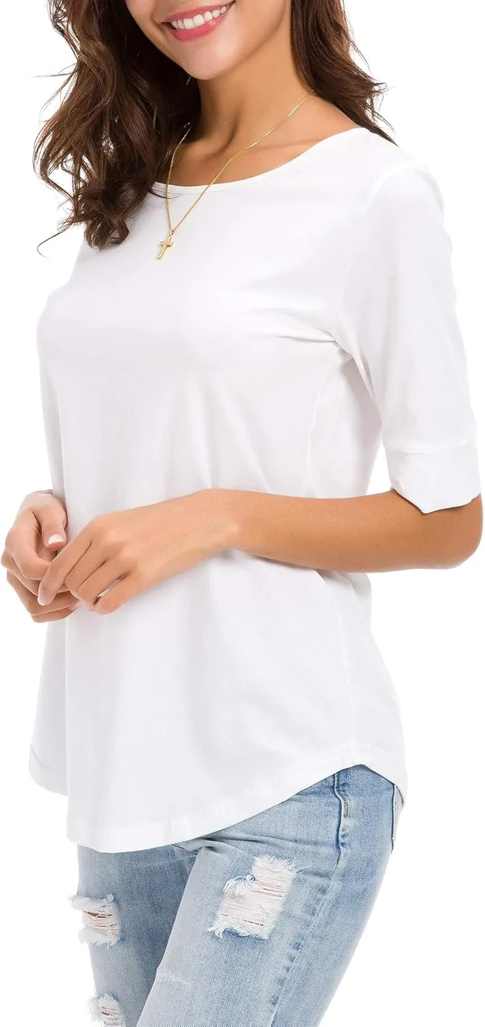 Women's Casual T Shirts Cotton Mid Sleeve Summer Basic Tunics Tee Tops Fashion