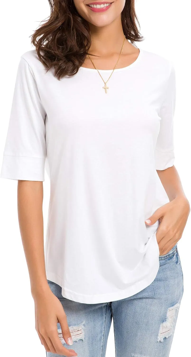 Women's Casual T Shirts Cotton Mid Sleeve Summer Basic Tunics Tee Tops Fashion