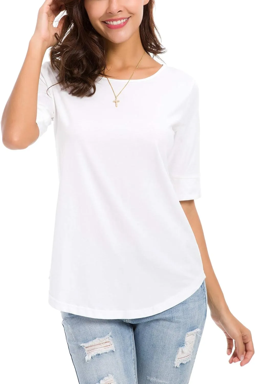 Women's Casual T Shirts Cotton Mid Sleeve Summer Basic Tunics Tee Tops Fashion