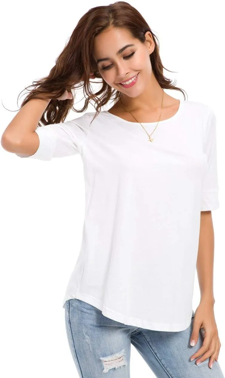 Women's Casual T Shirts Cotton Mid Sleeve Summer Basic Tunics Tee Tops Fashion
