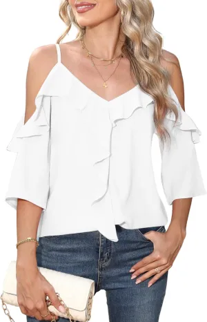 Women's Cold Shoulder Blouses Ruffle Dressy Casual 3/4 Sleeve Chiffon Tops Flowy Adjustable Strap Summer Shirt