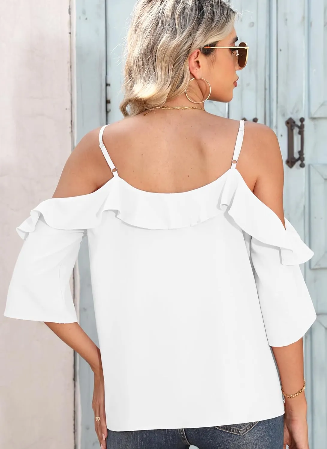 Women's Cold Shoulder Blouses Ruffle Dressy Casual 3/4 Sleeve Chiffon Tops Flowy Adjustable Strap Summer Shirt