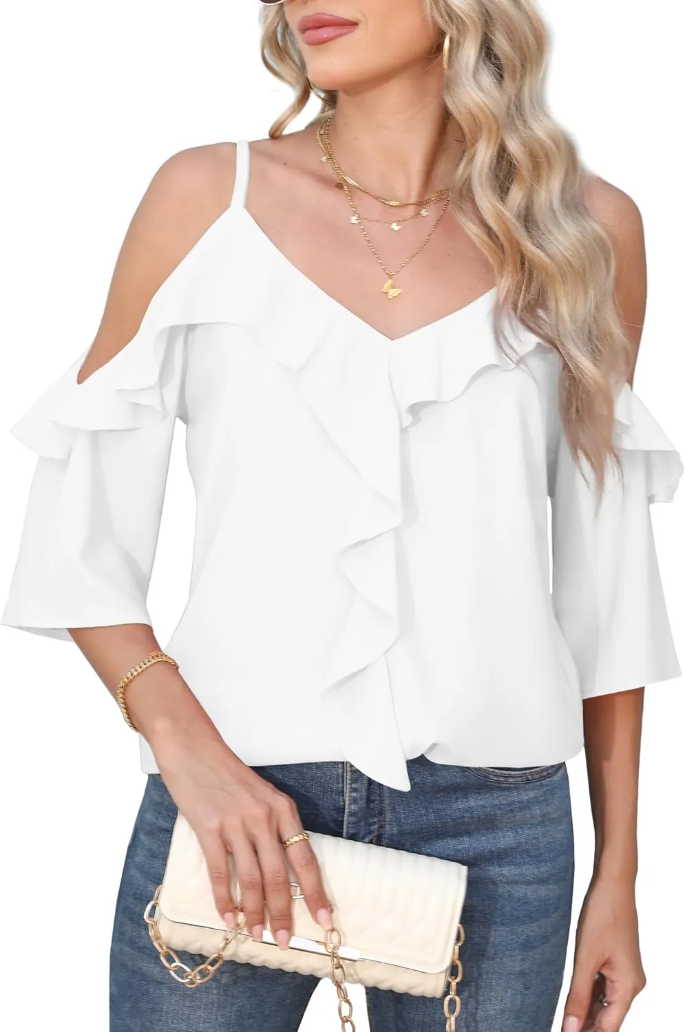 Women's Cold Shoulder Blouses Ruffle Dressy Casual 3/4 Sleeve Chiffon Tops Flowy Adjustable Strap Summer Shirt