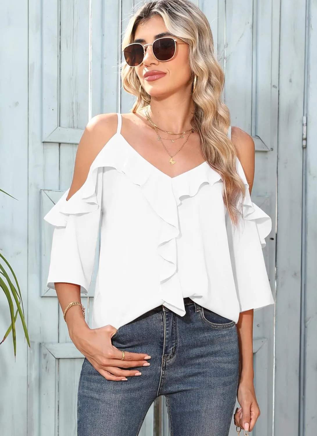 Women's Cold Shoulder Blouses Ruffle Dressy Casual 3/4 Sleeve Chiffon Tops Flowy Adjustable Strap Summer Shirt