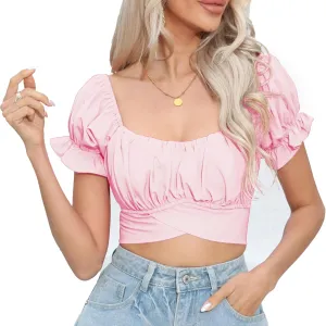 Women's Crop Tops Ruffle Short Sleeve Tie Back Summer Off Shoulder Top Blouse