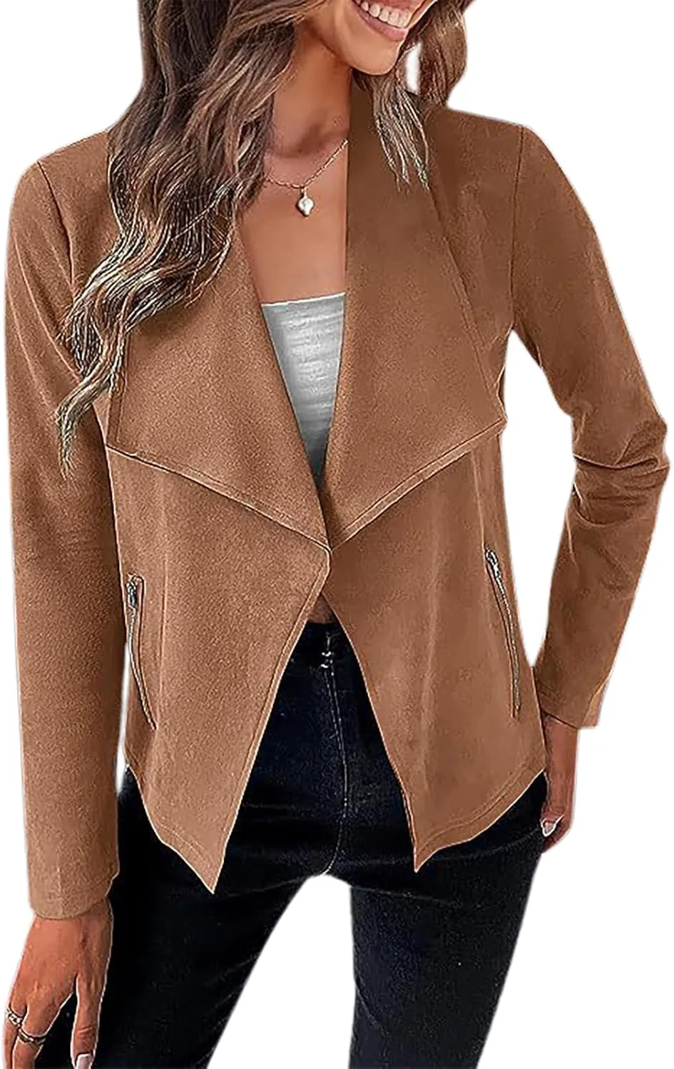 Women's Faux Suede Jacket 2024 Fall Long Sleeve Zipper Lapel Cropped Coat with Pockets Y2K Moto Jackets Outwear