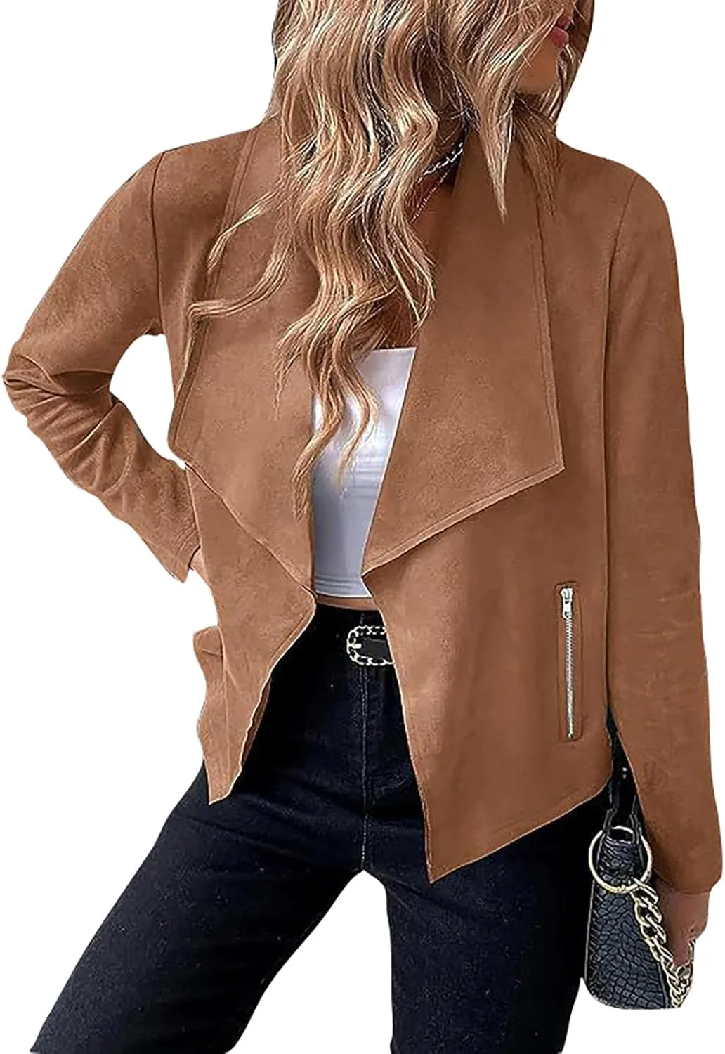 Women's Faux Suede Jacket 2024 Fall Long Sleeve Zipper Lapel Cropped Coat with Pockets Y2K Moto Jackets Outwear